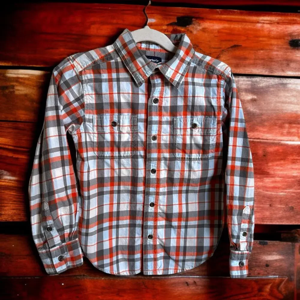 Carter's Boys Shirt Sz 5 Blue Gray White Red Long Sleeve Plaid Buttons Flannel‎